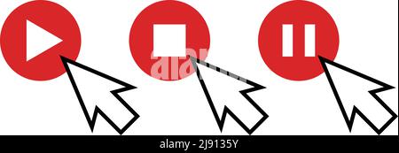 Play button, Stop button, pause button and mouse cursor to click it. Editable vector. Stock Vector