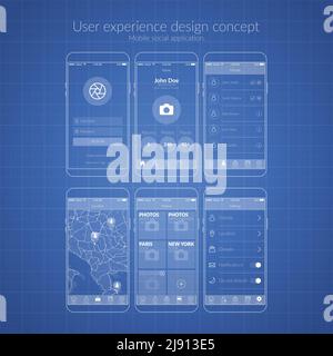 Mobile social application user experience design concept in blue color flat isolated vector illustration Stock Vector