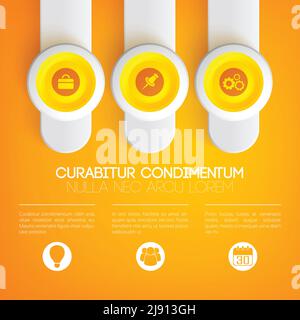 Business infographic concept with icons on yellow circles and vertical round banners on light background vector illustration Stock Vector