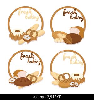 Set of colorful vector Fresh Baking price badges with round frames enclosing copyspace and an assortment of bread  bagels  pretzels  cakes  croissants Stock Vector