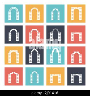 Set of flat silhouette icons of vector arches. Architecture exterior, stone ancient, architectural door Stock Vector