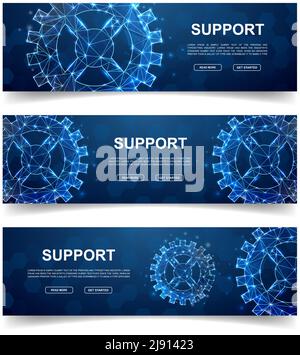 Set of three Gear horizontal banners. Horizontal illustration for homepage design, promo banner. Gear wheel low poly symbols with connected dots Stock Vector