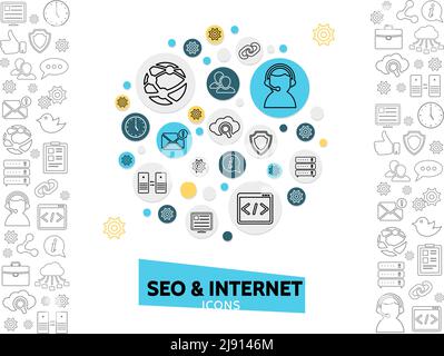 Internet technology template with operator globe chat seo optimization data exchange search shield routers clock computer envelope line icons isolated Stock Vector