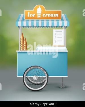 Vector illustration of blue cart for ice cream with signboard isolated on landscape background Stock Vector