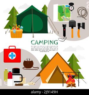 Flat camping icons composition with tent trees flashlight axe shovel rope compass map basket of products bonfire medical kit knife thermos vector illu Stock Vector