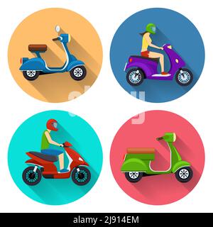 Scooter transport flat icons set. Moped illustration, motorcycle side view, bike transportation, motorbike with driver Stock Vector