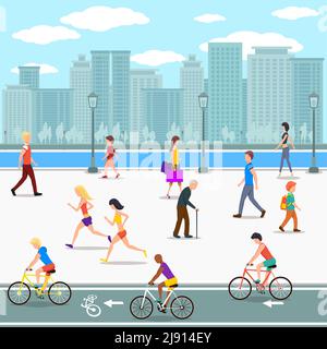Group of people on promenade on city river street. Flat illustration. Vector bicycle and summer leisure, lifestyle active, activity human walking Stock Vector