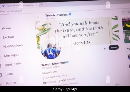 KONSKIE, POLAND - May 18, 2022: Trevoh Chalobah official Twitter account displayed on laptop screen