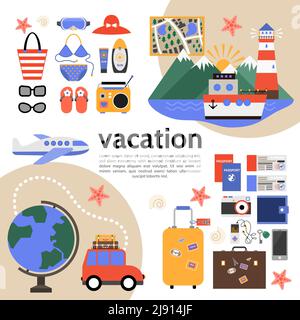 Flat summer vacation composition with cruise ship airplane and car travel map baggage wallet radio slippers swimsuit tickets camera sunglasses sunscre Stock Vector
