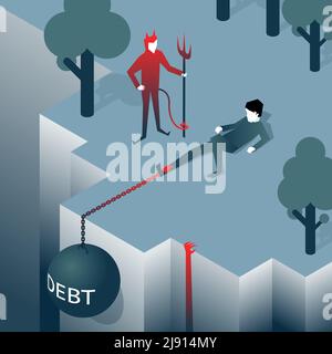Debt takes off man over a cliff. Load pulls into the abyss. Bankruptcy, liabilities. Vector illustration Stock Vector