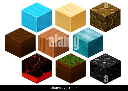 Isometric 3D cube textures vector set for computer games. Cube for game, element texture, nature brick for computer game illustration Stock Vector