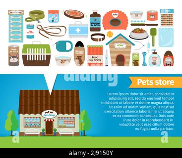 Pet shop. Pets accessories and vet store. Tongs and plate, shampoo and syringe, leash and food, vector illustration Stock Vector