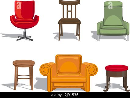 Set of furniture for sitting. Chairs, armchairs, stools icons. Vector illustration Stock Vector