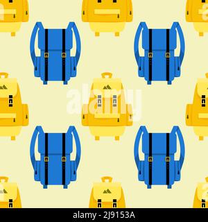 Journeys and tourism seamless background with backpacks. Bag and object, luggage and baggage. Vector illustration Stock Vector