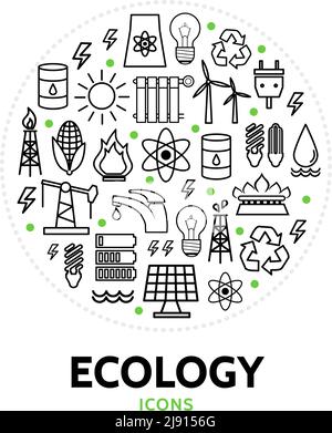 Ecology round concept with electric bio eco and environmental line icons isolated vector illustration Stock Vector