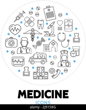 Set of medical round icons, medical equipment items, ambulance, medical ...