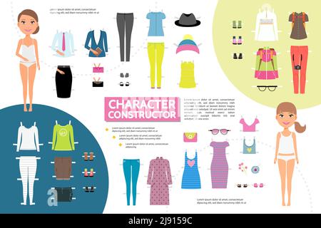 Flat woman character creation infographic concept with young girls business summer travel casual clothing footwear handbag sunglasses brooch isolated Stock Vector