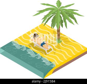 Business vacation. Businessman on beach under palm tree isometric vector Stock Vector