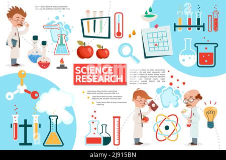 Flat science infographic template with scientific research apples laboratory experiments tubes flasks bulb note magnifier scientists thermometer atom Stock Vector
