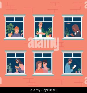 Multi-storey building with people in the windows. Indoor plants, use your phone or tablet. Communication with neighbors.Vector illustration in flat Stock Vector