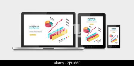 Isometric infographic adaptive design template with colorful 3d diagrams charts graphs on laptop mobile and tablet screens isolated vector illustratio Stock Vector