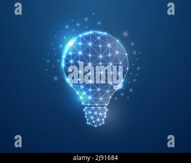 Light bulb 3d symbol in blue low poly style. Idea, inspiration design concept vector illustration. Innovation polygonal wireframe. Stock Vector