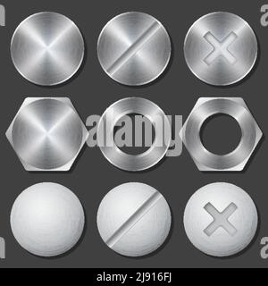 Screws, nuts and bolts realistic icons set. Rivet and bolt, crosshead and hex, fix gear, vector illustration Stock Vector