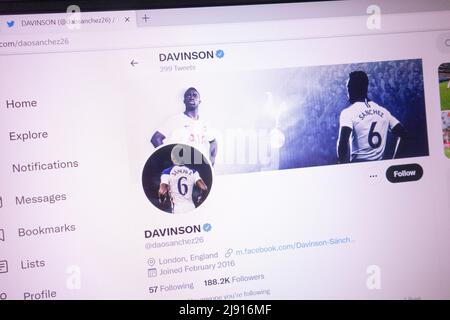 KONSKIE, POLAND - May 18, 2022: Davinson Sanchez official Twitter account displayed on laptop screen
