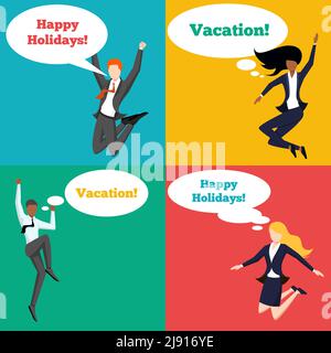 Set of people jumping in the air with happy emotion and speech bubbles. Expression person, vacation businesspeople, feeling  banner, woman and man. Ve Stock Vector