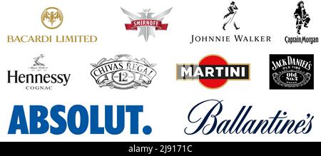 Vinnytsia, Ukraine - May 19, 2022: Top 10 liquors logo in the world. Bacardi, Smirnoff, Johnnie Walker, Hennessy, Jack Daniel's, Chivas Regal, Captain Stock Vector