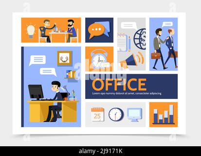 Flat business infographic template with businessmen office workplace graph alarm clock lightbulb megaphone notepad calendar computer icons vector illu Stock Vector