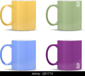 mugs of different colors: yellow, green, blue, purple Stock Vector