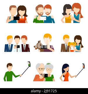Selfie icons set in flat design style. Camera and phone, people and friend,  memory and photograph pose. Vector illustration Stock Vector
