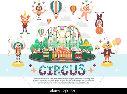 Flat circus carnival round composition with amusement park attractions funny clowns juggling balls and performing acrobatic tricks vector illustration Stock Vector