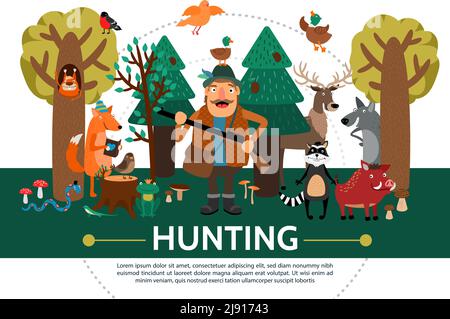 Flat hunting template with smiling hunter squirrel fox reading book different birds frog snake lizard raccoon wolf deer wild boar in forest vector ill Stock Vector
