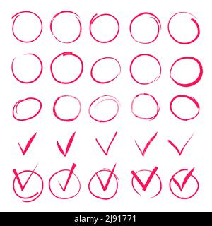 Set of hand drawn highlight red circles and check mark icons. Sign  important, symbol element handwritten, vector illustration Stock Vector