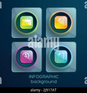 Business web design elements with icons colorful glossy squares and glass rectangles isolated vector illustration Stock Vector