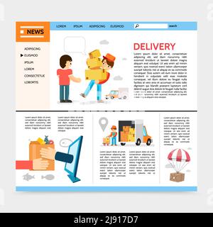 Flat delivery service website template with courier deliver goods to client package flying on parachute e-commerce vector illustration Stock Vector