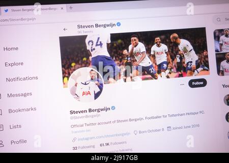 KONSKIE, POLAND - May 18, 2022: Steven Bergwijn official Twitter account displayed on laptop screen