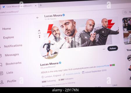 KONSKIE, POLAND - May 18, 2022: Lucas Moura official Twitter account displayed on laptop screen
