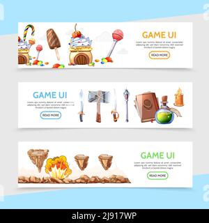 Flat game design horizontal banners with cakes ice cream candies lollipops weapon witch book candle poison bottle explosion desert landscape vector il Stock Vector