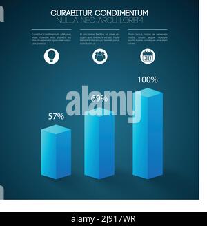 Business web presentation infographics with 3d blue columns three steps icons and percent rates isolated vector illustration Stock Vector