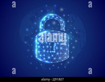 Lock 3d low poly symbol with blue world map background. Antivirus concept design illustration. Cyber security polygonal symbol with connected dots Stock Vector