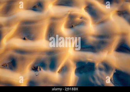 Top down sand dunes of desert in south Socotra, Yemen, taken in November 2021, post processed using exposure bracketing Stock Photo