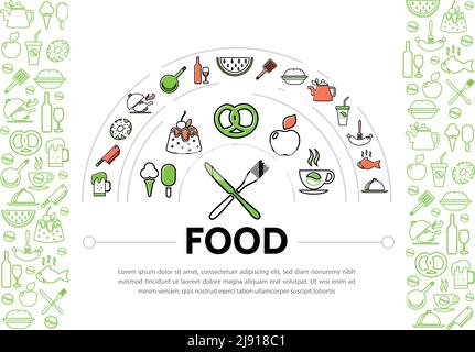 Food line icons composition with different drinks sausage pretzel fruits chicken fish sweet products kitchen utensil elements isolated vector illustra Stock Vector