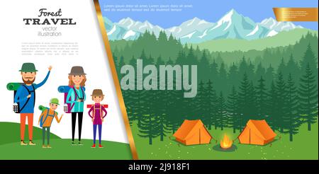 Flat forest travel concept with father mother kids go hiking and camp on forest and mountain landscape vector illustration Stock Vector