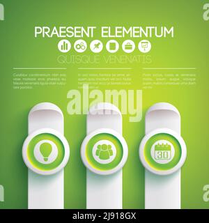 Business infographic concept with text icons on green circles and vertical gray rectangles vector illustration Stock Vector