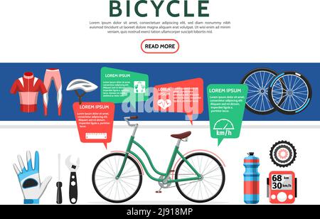 Flat bicycle elements set with bike sportswear helmet wheels bottle speedometer chain wrench screwdriver speech bubbles isolated vector illustration Stock Vector