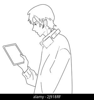 The guy in the headphones holds a tablet in his hands. Stock Vector