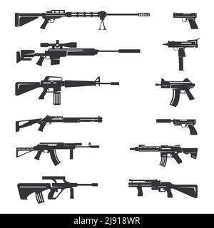 Vector set of guns icons.  Weapon object, army and firearm, automatic and danger illustration Stock Vector